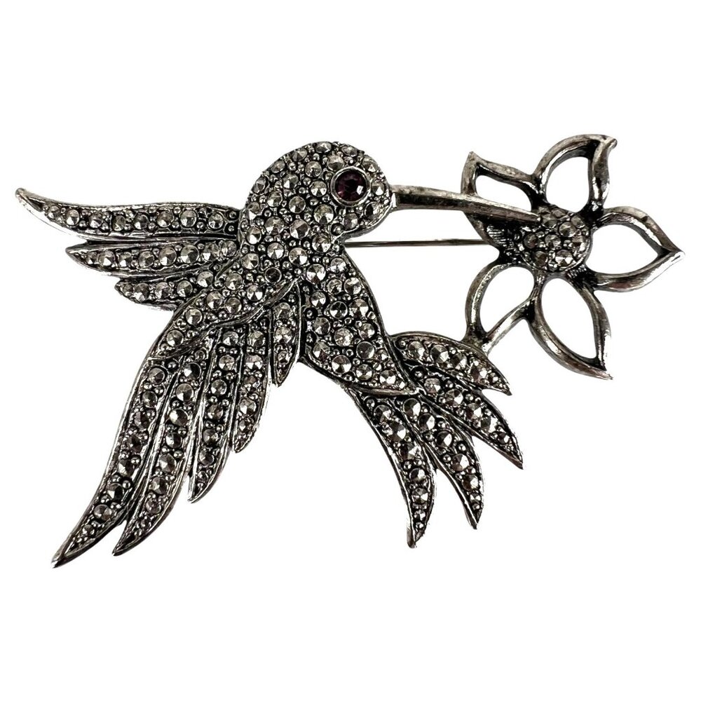 Vintage Avon Silver Tone Hummingbird & Flower Pin Brooch‎ Rhinestone Accents